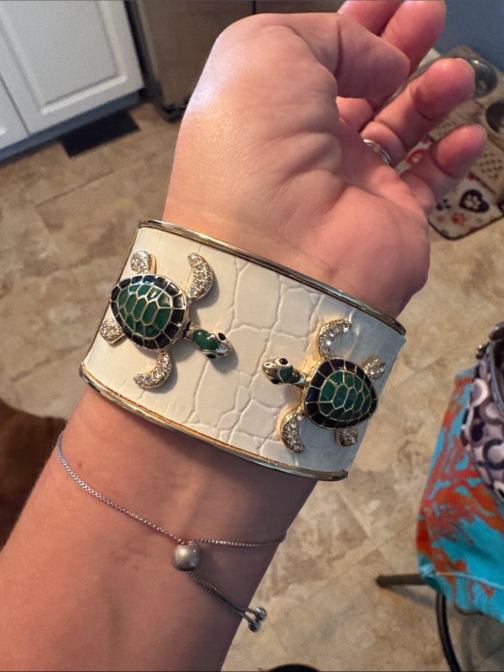 White Croc-Embossed Cuff Bracelet with Green Turtle Accents